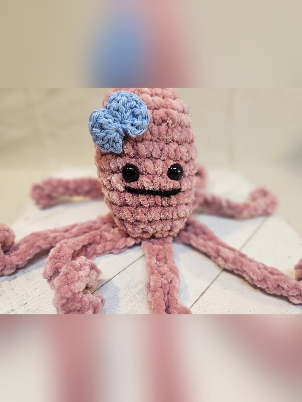 Handmade Plush Octopus with Blue Crochet Bow